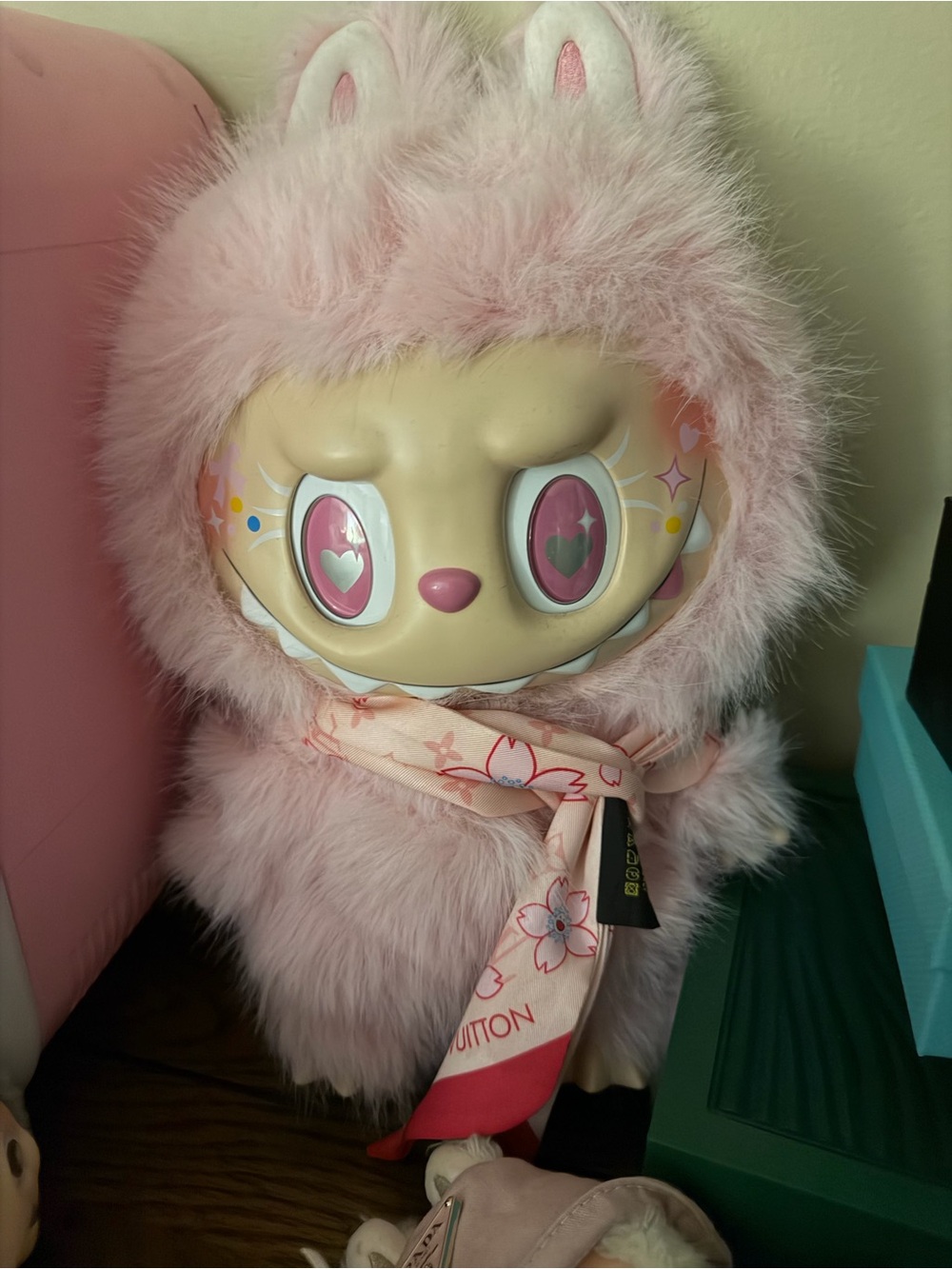 Plush Pink Fluffy Character Doll with Heart-Eye Face